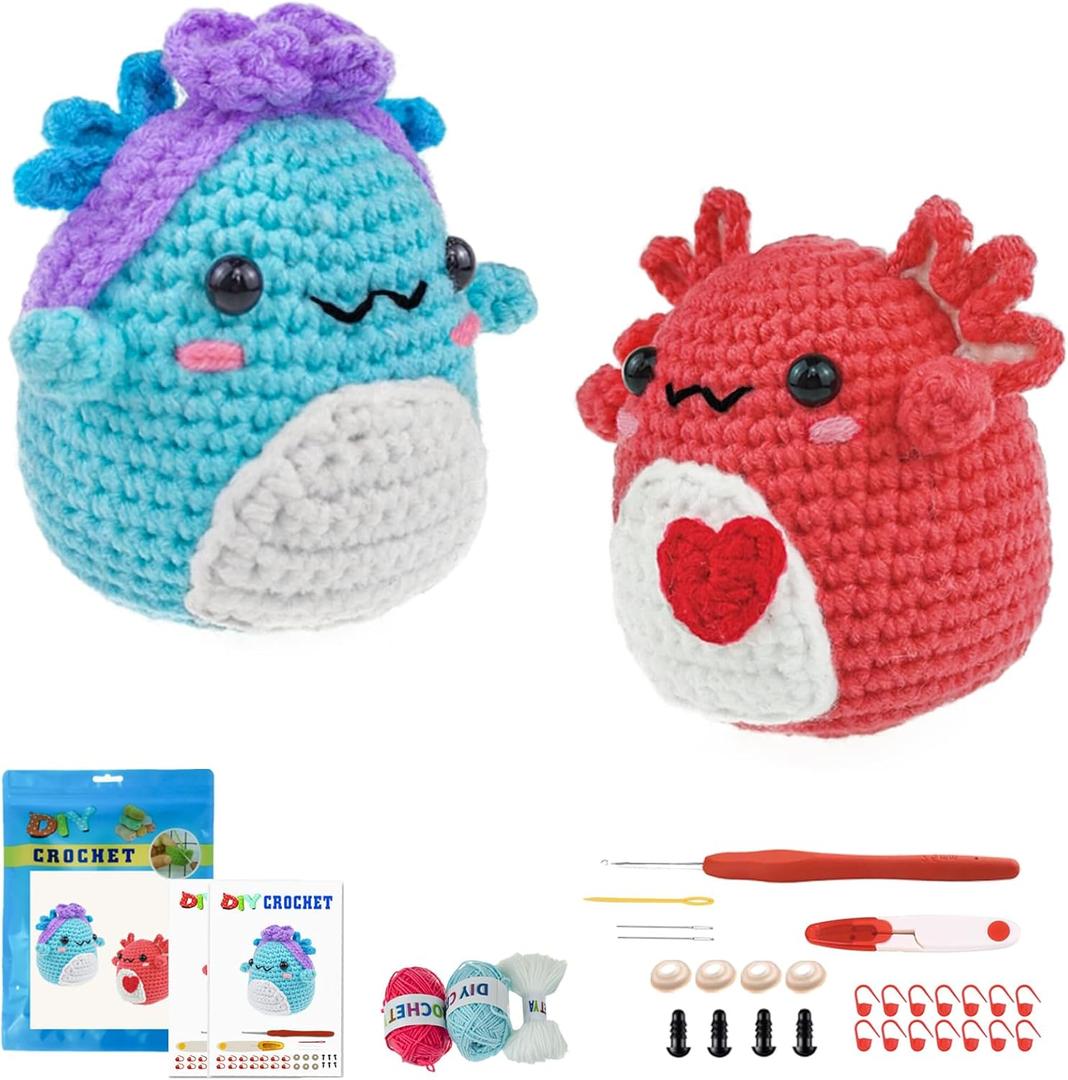 Terself Axolotl Crochet Kit for Beginners: 2PCS Crochet Animal Kits for Kids & Adults, Learn to Crocheting Starter Kit with Written Pattern & Video Tutorials (40%+ Yarn Extra)- Axolotl Family