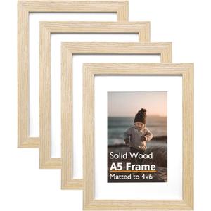 KINLINK A5 Picture Frame Natural, Solid Wood Frames with Acrylic Plexiglass for Pictures 4x6 with Mat or A5 without Mat, Tabletop and Wall Mounting Display, Set of 4