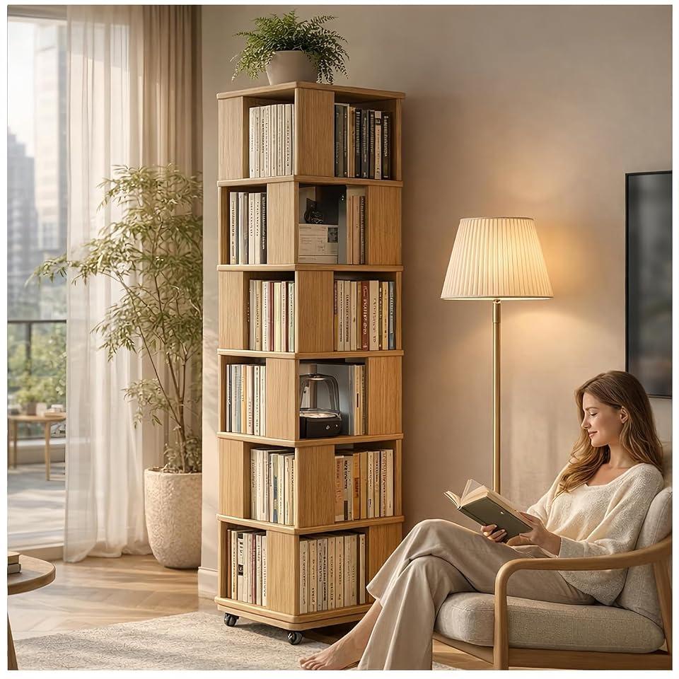 Solid Wood Walnut Rotating Square Bookshelf Towers with Wheels,Bookcase
