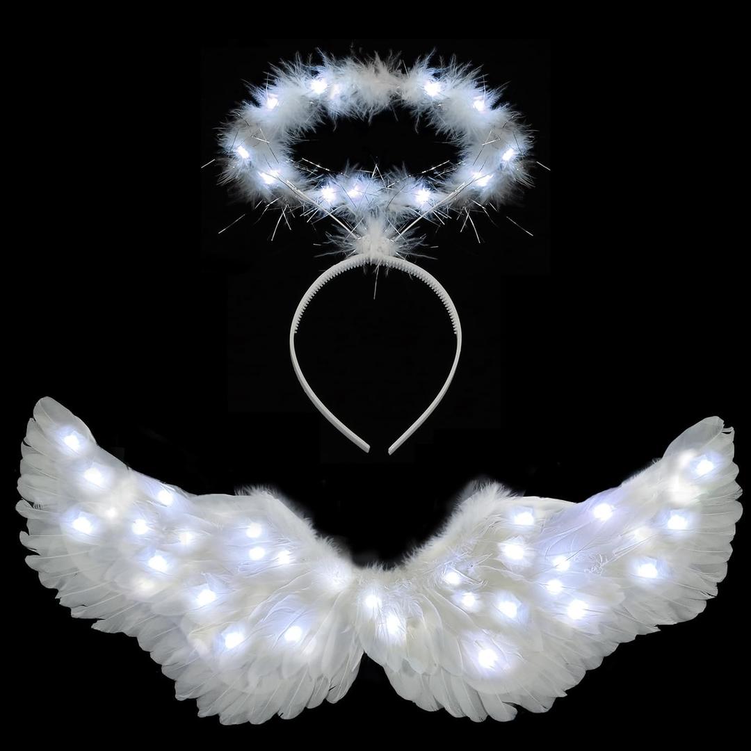 Angel Wings, Light Up Angel Wings and Halo with LED Lights, White Angel Wings Costume for Adult Women Kids Halloween Xmas (Medium)