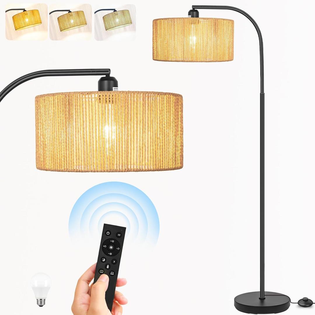Boho Standing Lamp with Dimmable Bulb Nartual Rattan Adjustable Lampshade, Black Modern Farmhouse Rattan Floor Lamp for Living Room, Bedroom, Office, Classroom