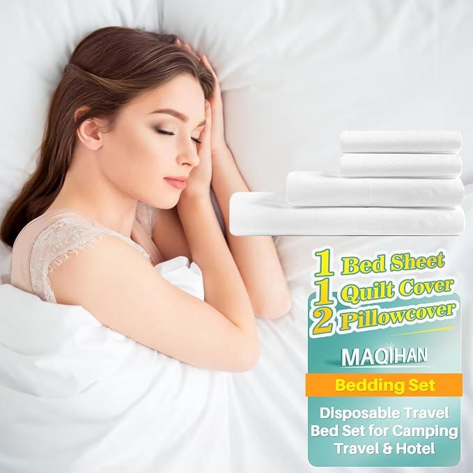 MAQIHAN Disposable Sheets for Travel - Disposable Bed Sheets Queen Size
4PCS Disposable Bedding Set with Bed Sheet, Quilt Cover & 2 Pillow Covers for Hotel, Cruise, Business Trip Essentials
200+ bought in past month