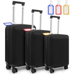 Paterr 3 Pieces Luggage Cover Travel Suitcase Protector Anti Scratch with 3 Pcs Plastic Luggage Tags 20/24/ 28 Inch Suitcase Cover Protector Washable Fits 18 to 28 Inch 3 Sizes, black