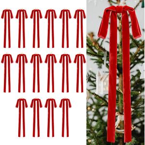 16 Pieces Christmas Velvet Bows 12 x 20 Inch Vintage Large Velvet Ribbon Bows Rustic Christmas Tree Ornaments for Xmas Home Wreath Garland Gift Wrapping Decorations(Red, Width of 1")