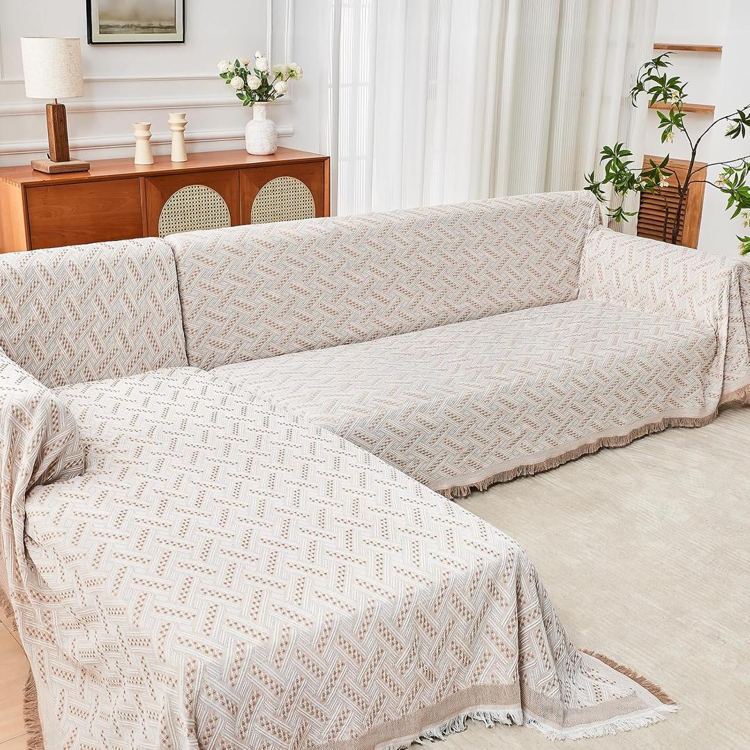 HOMERILLA Sectional Couch Covers for Sectional Sofa L Shaped Sofa Cover Blanket 2 Pieces L Shape Furniture Protector for Pets Dogs(Khaki White, XXLarge)