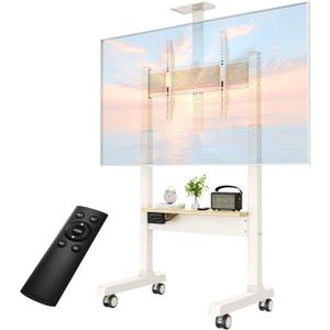Heavy Duty Mobile TV Stand for 32-100 Inch Large TVs up to 200lbs, Mobile TV Floor Stand on Wheels with Large Storage Pegboard& Wooden Shelf for Bedroom, Living Room, Office (Fit 37"-86" White)