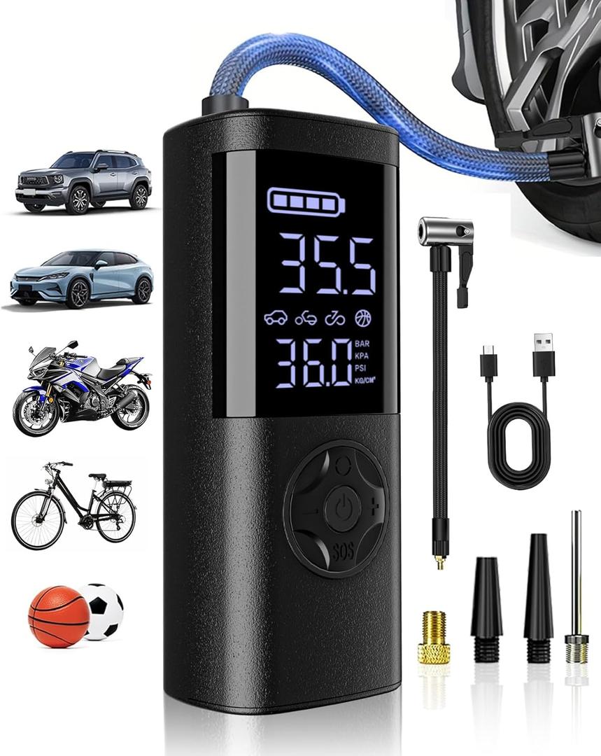 TEMOLA Tire Inflator Portable Air Compressor, 150PSI Rechargeable 2500mAh*2 Battery Tire Inflator, Mini Air Pump Auto Shut Off, Tire Pump with LED Light for Car Motorcycle Bicycle