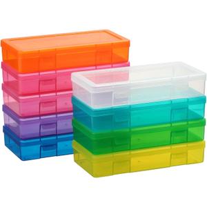 novelinks Plastic Small Storage Bins with Lids for Organizing, Mini Clear Storage Containers and Stackable Storage Box Organizer for Pencil Boxes, Task Boxes, Crayon Boxes (9 Pack Medium -Color)