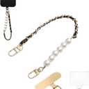 Original Korean Chic Pearl Gold Leather Phone Charm, Versatile with Premium Gold Metal Phone Tab (Classic Black)