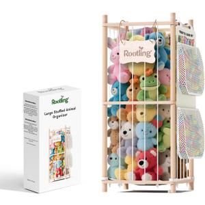 Stuffed Animal Storage & Organizer, 54 inch Tall Wooden Cute Zoo Toy Holder w/Building Block Storage Bag, Premium Wooden Material with Elastic Cord for Toddler Rooms, Playrooms (Small)