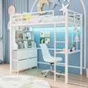GarveeHome Loft Bed Twin Size with Desk, 4 Large Fabric Drawers and 2 Storage Shelves, Heavy Duty Metal Loft Bed with LED Lights & Charging Sation, Safety Guard & Ladder, No Box Spring Needed, White
