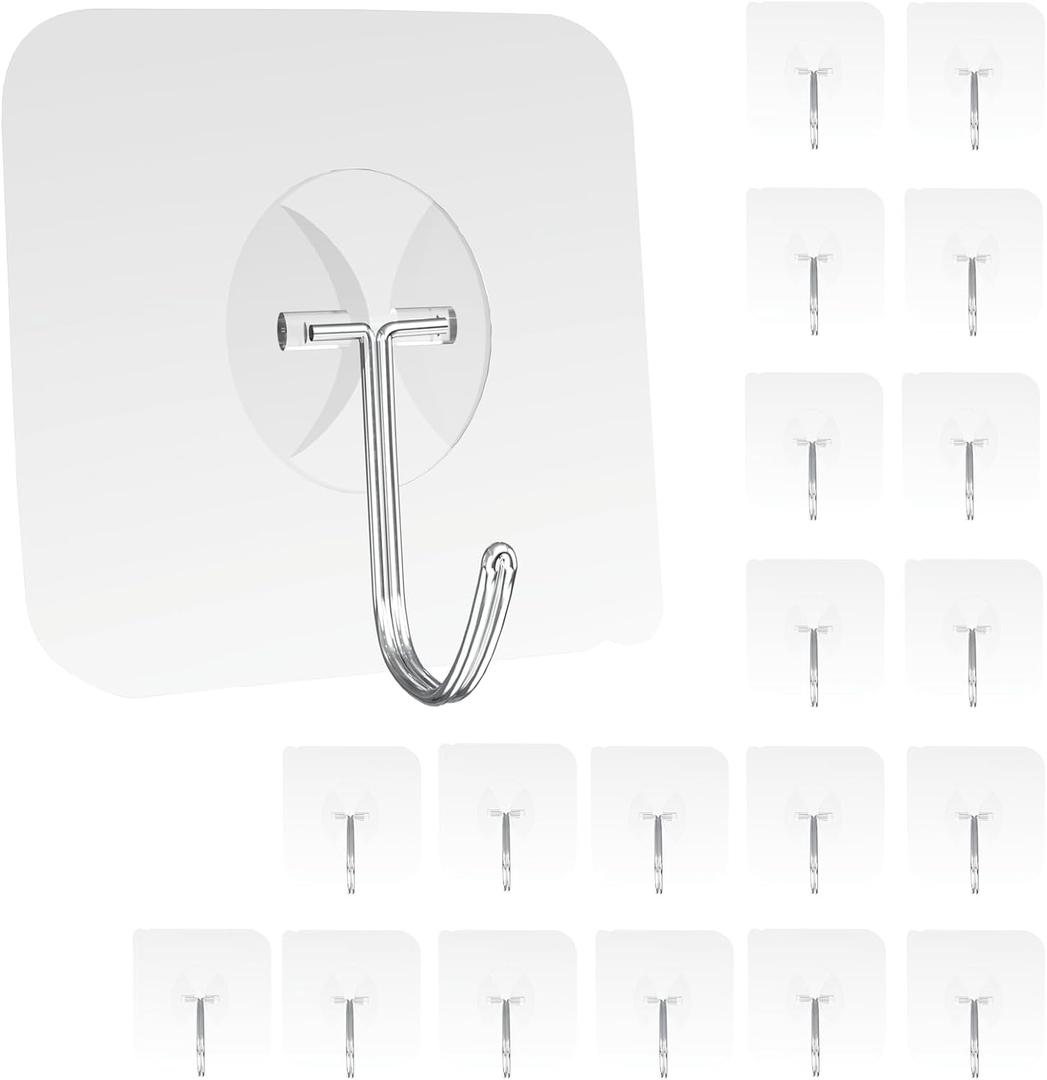 Heavy Duty Adhesive Wall Hooks - Strong & Transparent, Hold up to 22lb, Waterproof & Reusable, Ideal for Kitchen, Bathroom, and Office (20 Pack)