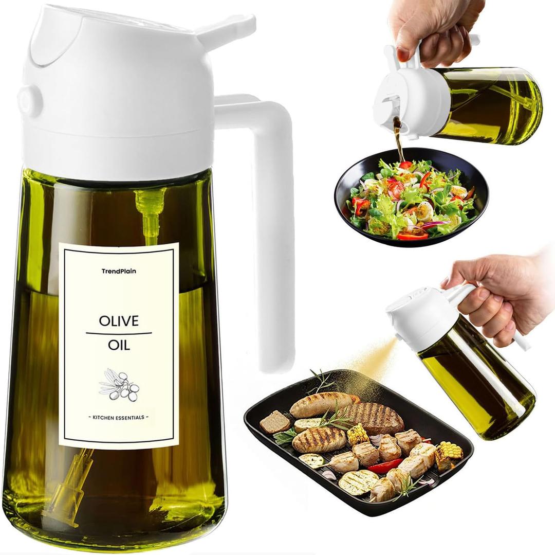 TrendPlain - Original 16oz/470ml Olive Oil Dispenser Bottle for Kitchen Gadgets and Air Fryer Accessories - Olive Oil Sprayer for Cooking w/Stickers - White