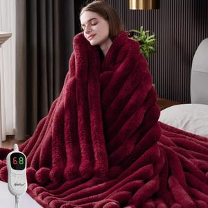 Heated Throw Blanket, Faux Fur Cozy Heating Blanket with Overheat Protection, 1/2/4/6/8 Hours Auto-Off 10 Heat Level, Machine Washable (72x84 I Inches, Red)