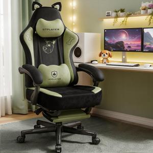 GTPLAYER Gaming Chair Cute with Cat Ears Ergonomic Computer Chair with Dog Embroidery Adjustable Memory Foam Lumbar Support and Headrest Comfortable Reclining Office Chair Soft Velvet Fabric for Women (Green)