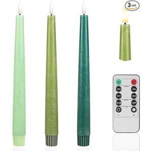 Green Flameless Taper Candles, 9.6" Real Wax Battery Operated Candles with Remote, 3 Pack Flickering, Gradient Candlesticks, Fake Candle for Home, Wedding, Party Decor
