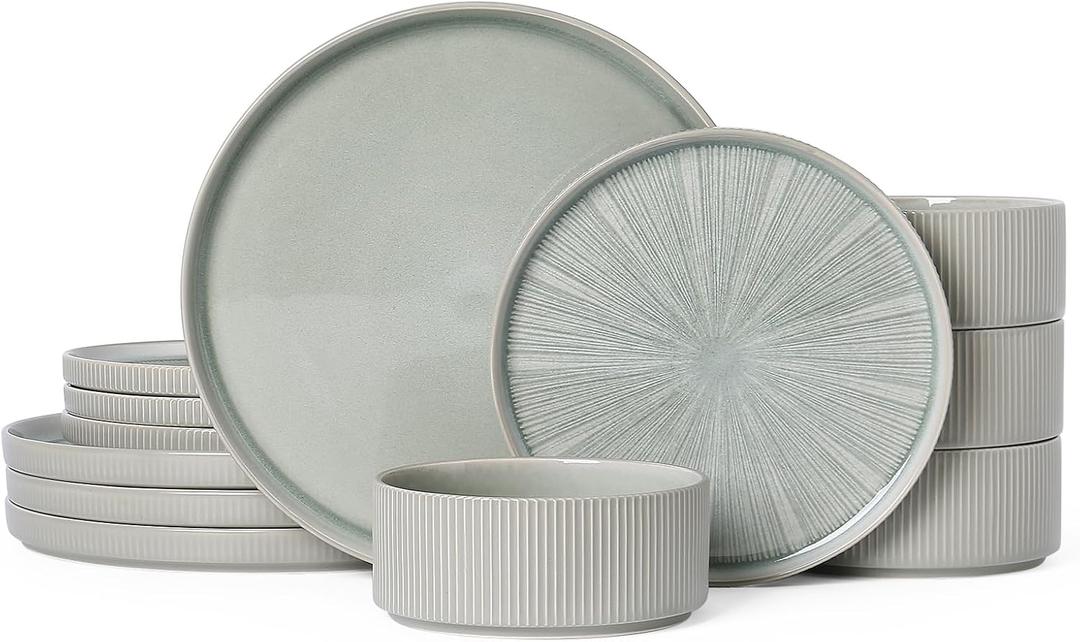 Dinnerware Sets for 4, Ceramic Plates and Bowls Set 12 Piece Dinnerware Chip Resistant Stoneware, Dishwasher and Microwave Safe-Green