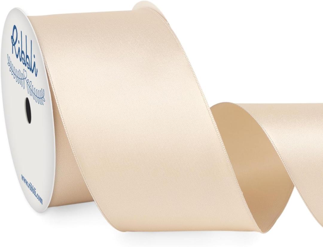 Ribbli Light Champagne Double Faced Satin Wired Ribbon 2.5 Inch Christmas Ribbon for Gift Wrapping Wreaths Garland Tree Decoration Crafts Home Decor-Continous 10 Yards