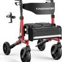 KingPavonini Foldable Walkers for Seniors with Seat, 6-Level Seat & Handle Adjustable, 380LB Reinforced Rollator Walker with Seat Ergo Dual-Layer, 16.5LB Lightweight Portable, All-Terrain Wheels