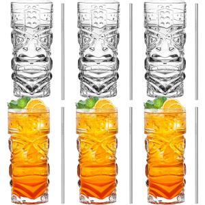 INFTYLE Clear Tiki Glasses Set of 6-14 oz Modern Bar Tiki Cocktail Glasses Perfect for Exotic Cocktails,Mai Tai, Hawaiian Style Cocktails, Tropical Island Drinksware Set