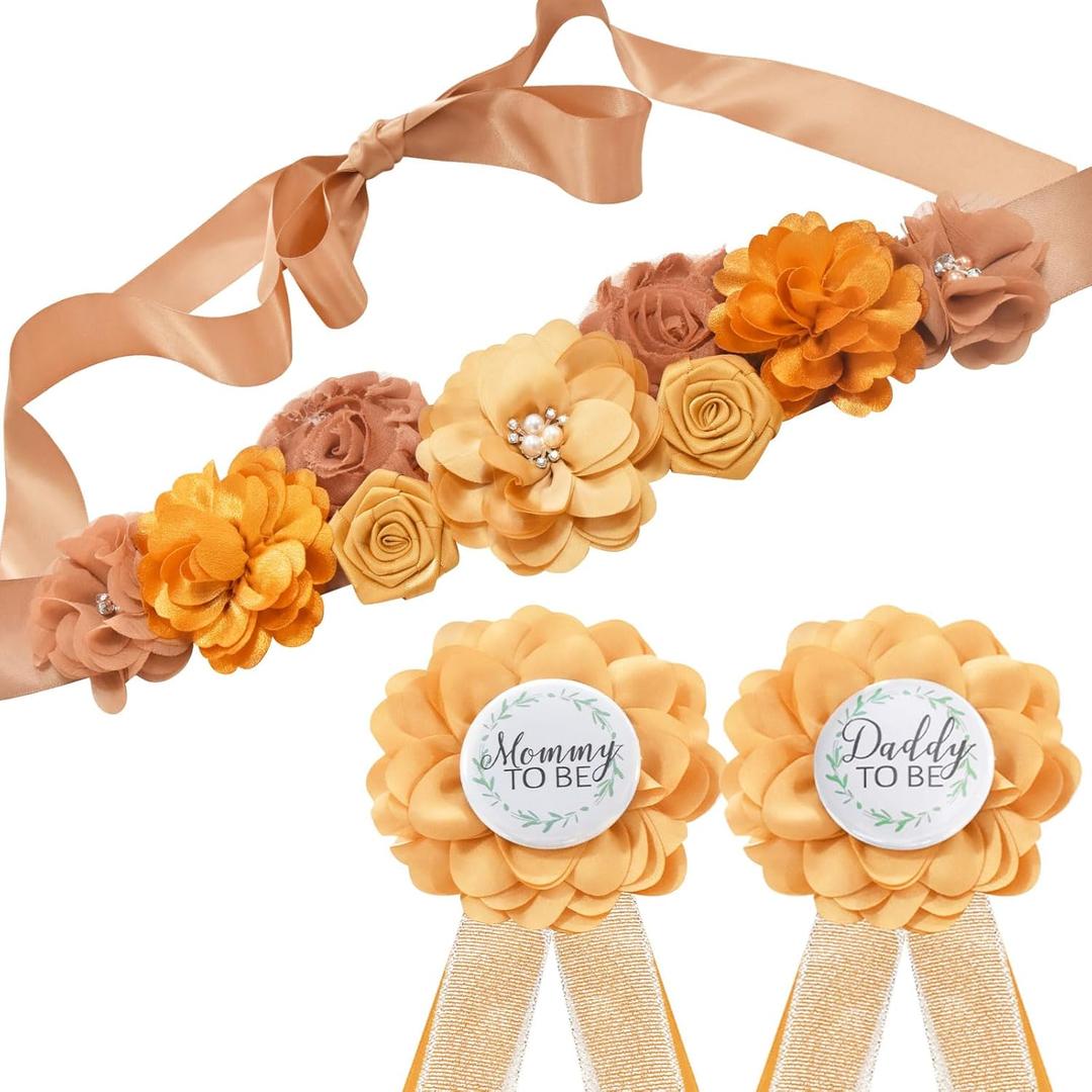 Maternity Sash and Corsage Pin Kit, Brown Gold Baby Shower Decorations Corsage Pin and Flower Maternity Sash for New Mommy and Daddy Pregnancy Photo Props Supplies(Pure handmade)