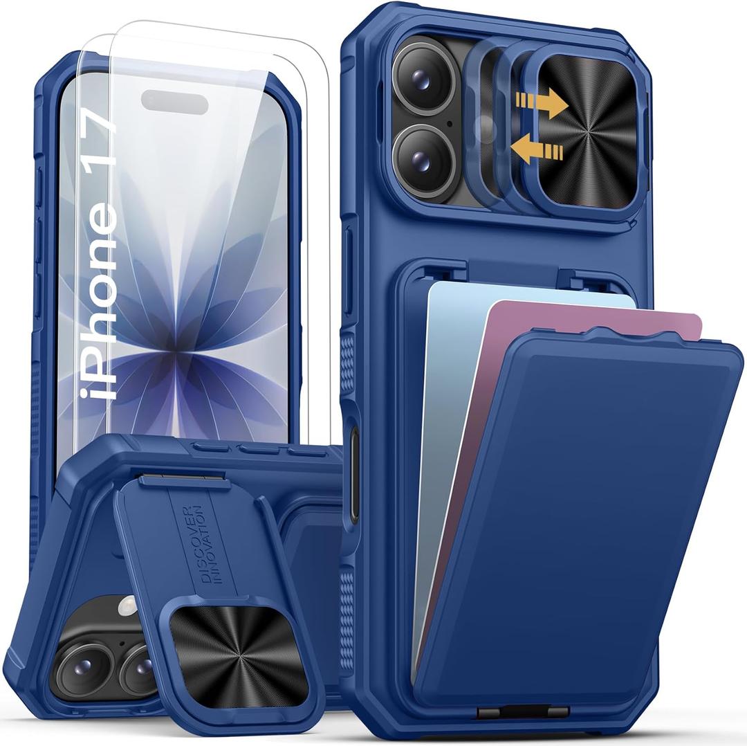 SSLOTSCASE for iPhone 17 Case with 2X Glass Screen Protector, Kickstand & Credit Card Holder & Sliding Lens Cover & Camera Stand & Wallet, TPU Soft Silicone Edge Protective Cover for iPhone 17, Blue