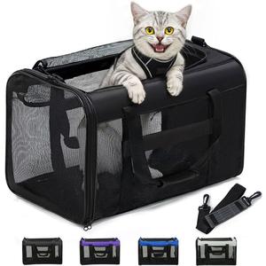 Cat Carrier Bag,Soft-Sided Pet Carriers for Dogs with 4-Sided Mesh,Airline Approved Cat Transport Carrier for Small&Medium Cats Kitten Puppy Up to 15Lb,Collapsible Cat Travel Carrier-M,Black