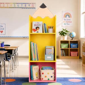 Pencil Bookshelf Wood 3 Tier Back to School Open Storage Bookshelf Cute Pencil Shaped Floor Standing Bookcase Storage Organizer Playful Bookshelves for Classroom Bedroom Home Office Nursery Decor