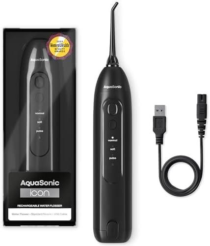AquaSonic Icon Water Flosser for Teeth – Cordless Rechargeable Oral Irrigator – Waterproof, Portable Dental Cleaning with Jet Tip – Braces Home Travel - Onyx