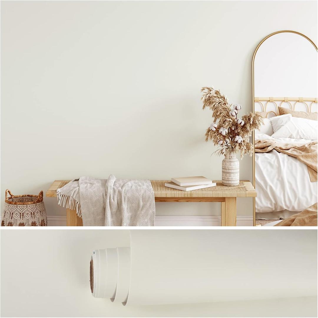 VEELIKE 15.7''x354'' Thick Off White Wallpaper Stick and Peel for Bedroom Walls Matte White Contact Paper Waterproof Self Adhesive Removable Cream Vinyl Wall Paper for Kitchen Cabinets Countertops