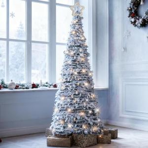 6.5FT Pop Up Christmas Tree Already Decorated Prelit Artificial Christmas Trees Foldable Flocked Christmas Tree with Lights