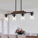 Pendant Lights Kitchen Island, 4-Light Farmhouse Chandeliers for Dining Room, Black Linear Chandelier with Clear Glass Shades, Modern Rustic Wood Chandelier with Adjustable Height