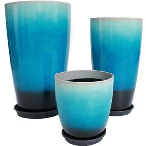 24,21,11 Inch Large Plastic Planters with Drainage Hole and Saucer - Set of 3 Tall Plant Pots Indoor Flower Pot Tall Round Planters Outdoor Large Tall Planter (Blue Black Gradient)