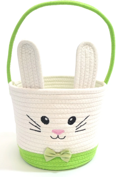 Easter Bunny Basket with Rabbit Ears Woven Cotton Rope Storage Bag for Easter Egg Hunt Large Foldable Home Organizer Indoor Outdoor Holiday Picnic Party Spring Decorations Green 2 Pack