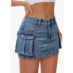 Mancreda Women Denim Cargo Skirt Mini Low Waist Button Bodycon Y2K Flap Pockets Skirts, Size 13