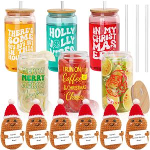 Christmas Gifts Glass Tumbler Set - 16oz Iced Coffee Cups With Funny Positive Knitted Dolls - Christmas Gifts for Women, Men, Friends, Coworkers, Teachers, Nurses (Set of 6)