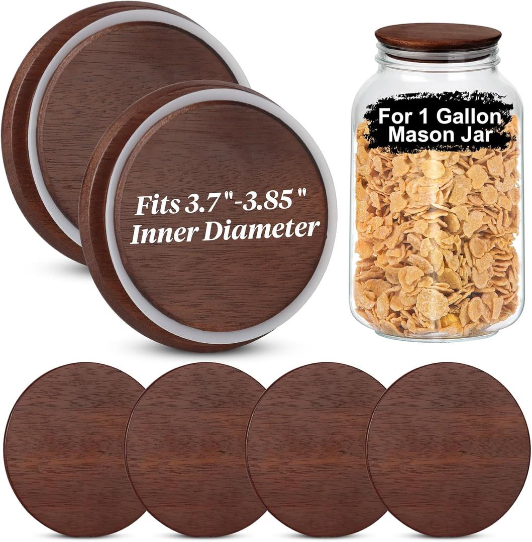4 PCS 1 Gallon Mason Jar Lids Wooden Fits 3.7 Inch Inner Dia Replacement Mason Jar Lids Ball Glass Jar Lids Wooden Lid with Silicone Seal Canning Jars Lids Only for 1 Gallon Jars(4, Dark Acacia)