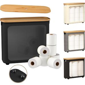 LONBET Toilet Paper Storage for 12 Rolls, Stackable & Foldable - The Ultimate Bathroom Organizer - Waterproof Basket with Bamboo Lid - Elegant Toilet Paper Storage Holder, Black