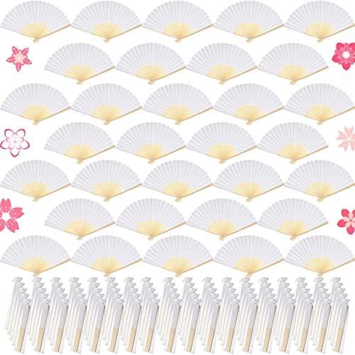 Yookeer 80 Pieces Paper Hand Fan and Organza Hand Fan Bags Bamboo Folded Hand Fan Paper Handheld Fans for Wedding Party and Home Decoration Church Wedding Gift, Party Favors, DIY Decoration(White)