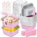 Mini Cake Pans with Lids, ZOXILEN 5oz/150ml Mini Loaf pans with Lids Spoons Aluminum Foil, Disposable Square Small Baking Cups Tins Muffin Pan Cheesecake Containers for Party Pink (25, Pink)