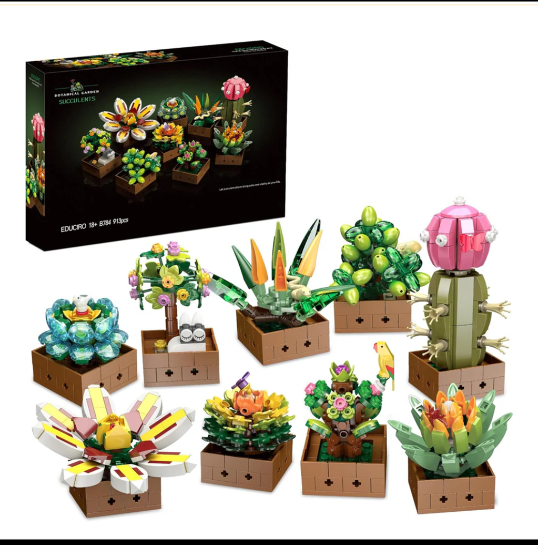 Under the Baubles Flower Botanical Bonsai Building Set, Succulent Building Toys - 9 Pack, for Home Decor, Valentine's Day, Mother's Day, Christmas for Adults and Kids - 913pcs