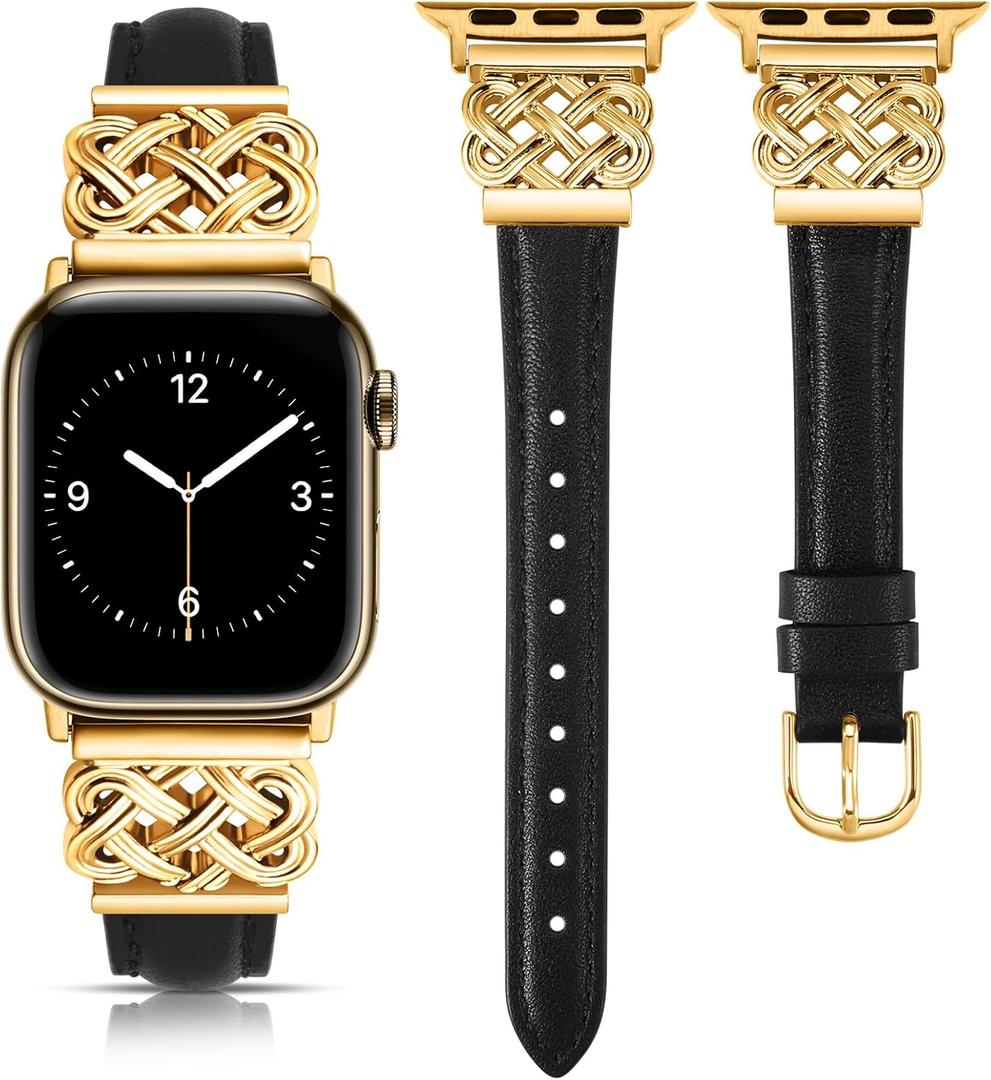 TOYOUTHS Leather Band Compatible with Apple Watch Bands Women 38/40/41/42mm Dressy Slim Leather Strap with Designer Interlock Buckle Bracelet for iWatch Series 10/9/SE/8/7/6/5/4/3/2/1, Black+Gold (38/40/41/42mm(Series 10))