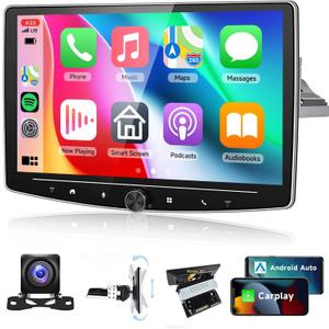 Single Din Car Stereo with Wireless Carplay Android Auto, 32G Android 10.1 Inch Rotatable Touch Screen Radio with GPS/WiFi/Bluetooth/FM/RDS/SWC+Camera