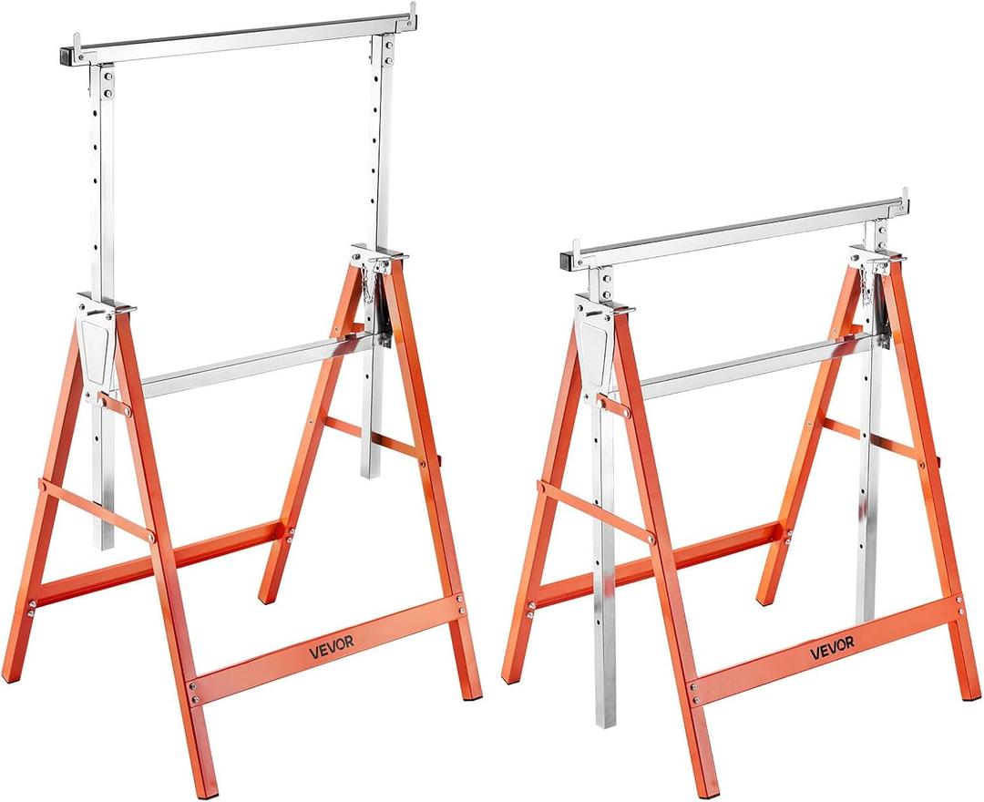 VEVOR Saw Horses, 2 Pack Folding Work Horses, 440 lbs Load Capacity Sawhorse with Heavy Duty Legs, Adjustable Height Saw Horse with Non-Slip Foot Pads, for Woodworking, Carpenters & Contractors