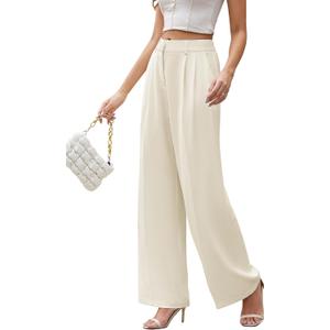 FUNYYZO Women Suit Pants Wide Leg Pants High Elastic Waisted in The Back Business Work Trousers Long Straight (X-Small Long, Beige)