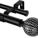 KAMANINA 1 Inch Wood Double Curtain Rods for Windows 72 to 144 Inches (6-12 Feet), Heavy Duty Decorative Drapery Rods 66 to 120 inch, Black Leaf Pattern Finials