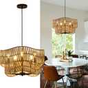 19.68" Large Rattan Chandelier, 5-Light Hand Woven Pendant Light Fixture, Farmhouse Boho Chandeliers, Adjustable Wicker Hanging Ceiling Lamp for Kitchen Bedroom Living Room Hallway Foyer