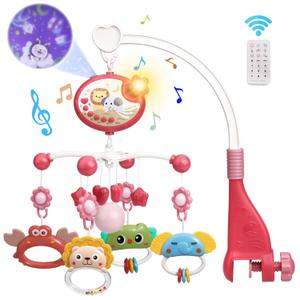 Mini Tudou Baby Crib Mobile with Music and Lights,360Rotation Remote Control Musical Mobile for Crib with 400 Lullabies,Projection Night Light and Chewable Rattle Toy,Crib Mobile for Girls and Boys (Red)
