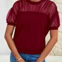 PRETTYGARDEN Women's 2025 Summer Crew Neck Short Sleeve Shirts Lace Going Out Sheer Mesh Crop Tops Dressy Casual Blouses (L)