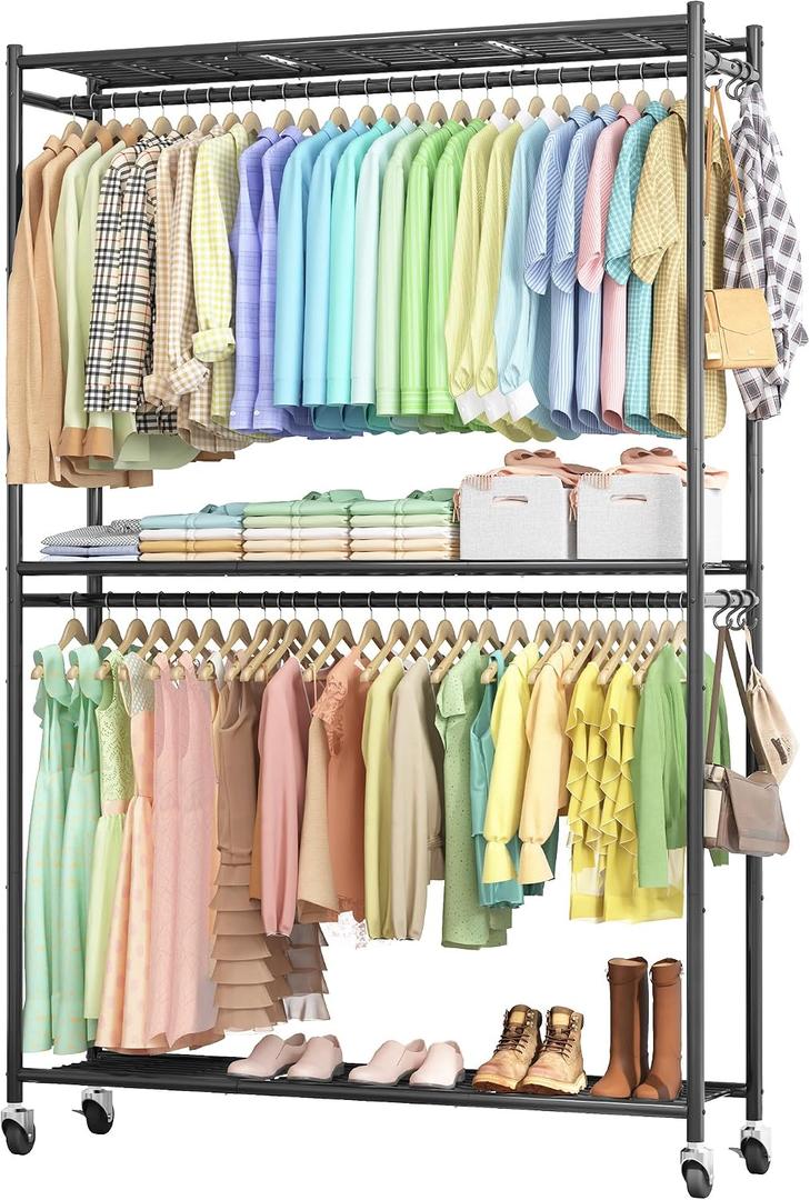 Sakugi Clothes Rack - 45.2" x 12.2" x 79.5" Clothing Rack with Shelves & Wheels, Multi-Functional Wardrobe Closet with Hooks, Sturdy Metal Garment Rack for Bedroom, Laundry, Balcony (Black), X-Large